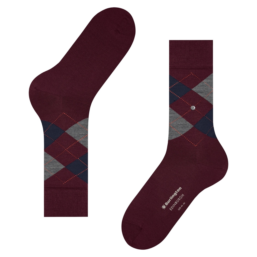 Edinburgh argyle herensokken, bordeaux met ruitmotief; Burlington-opschrift bij de voet