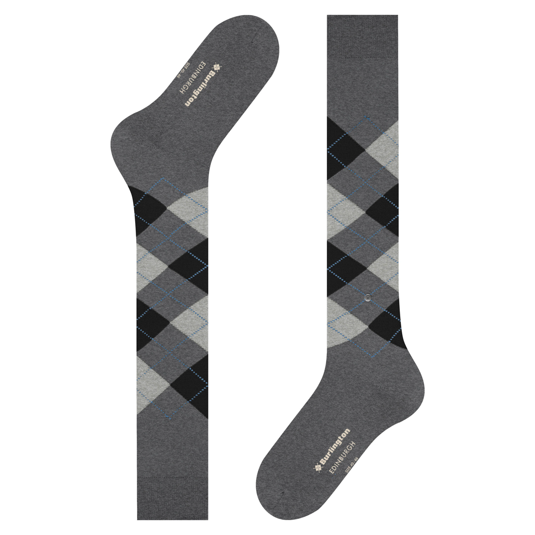 Heren kniekousen grijs met ruitpatroon; boord met logo-accent