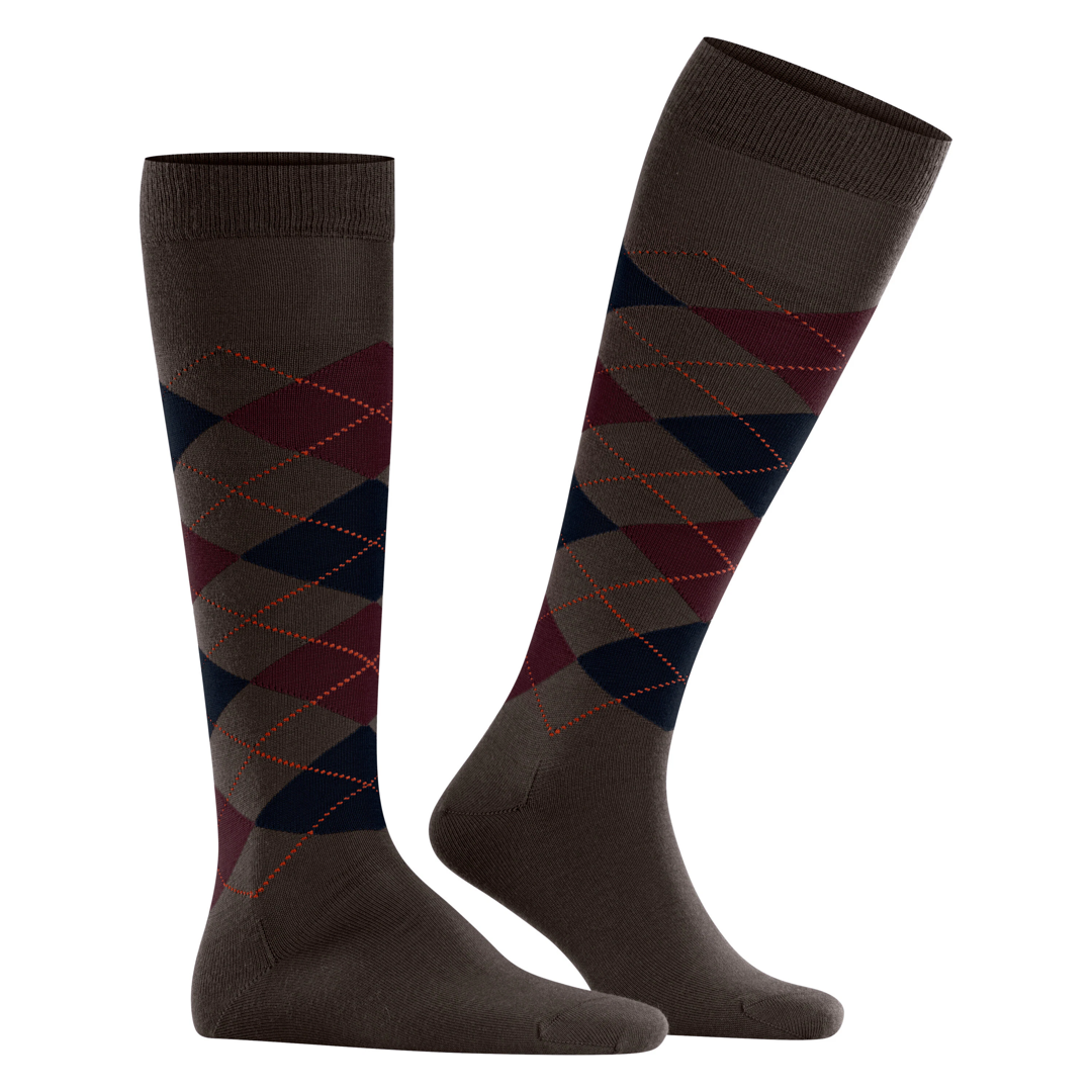 Heren kniekousen donkerbruin, ruitdesign met blauwe en rode accenten