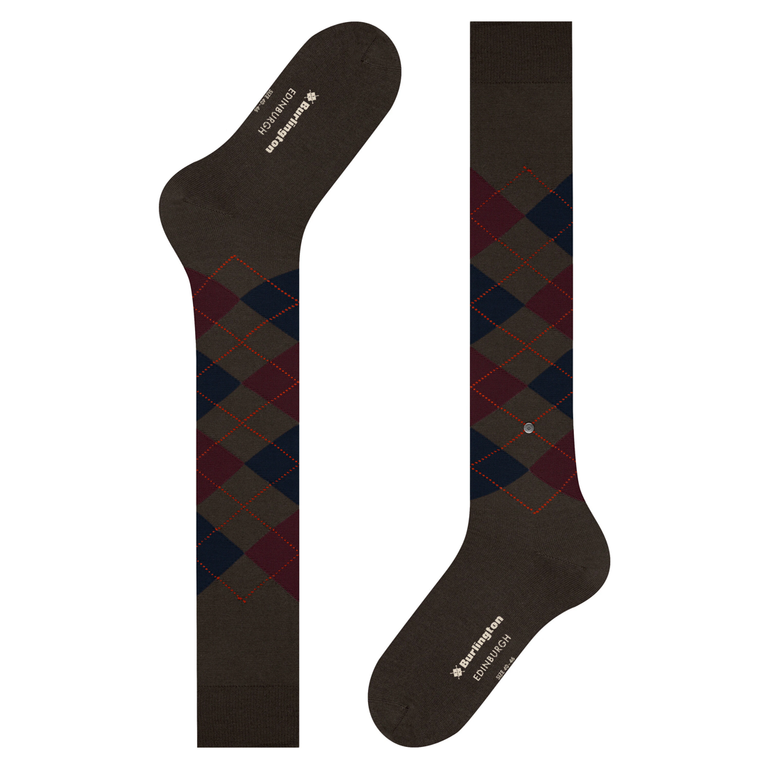 Heren kniekousen donkerbruin met ruitpatroon; logo bij de boord