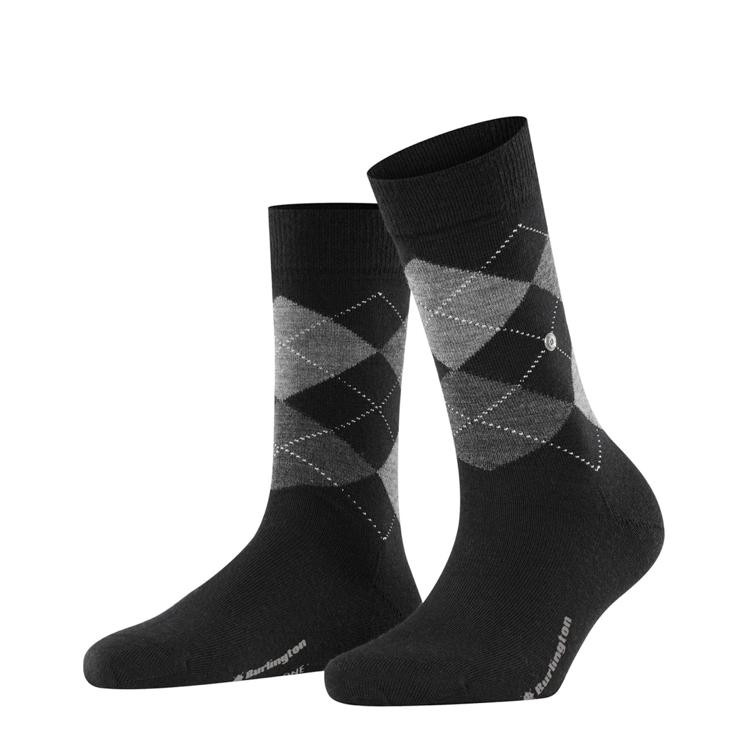 Burlington Marylebone argyle damesokken in zwart met grijs-witte ruitdelen