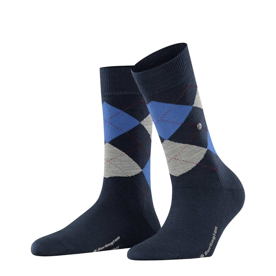 Burlington Marylebone argyle damesokken in donkerblauw met blauwe en grijze ruiten