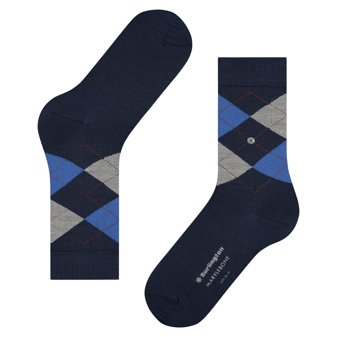 Marylebone argyle damesokken donkerblauw met ruitpatroon aan de bovenkant