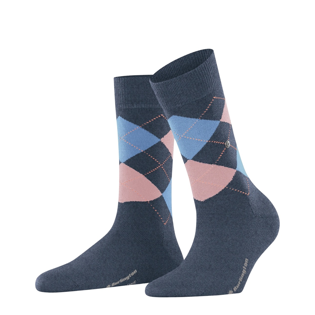 Marylebone argyle damesokken in donkerblauw met roze en lichtblauwe ruiten