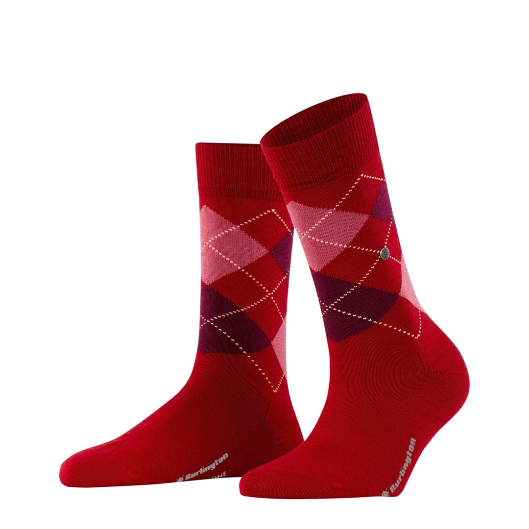 Marylebone argyle damesokken in cranberry met ruitpatroon en klein Burlington-badge