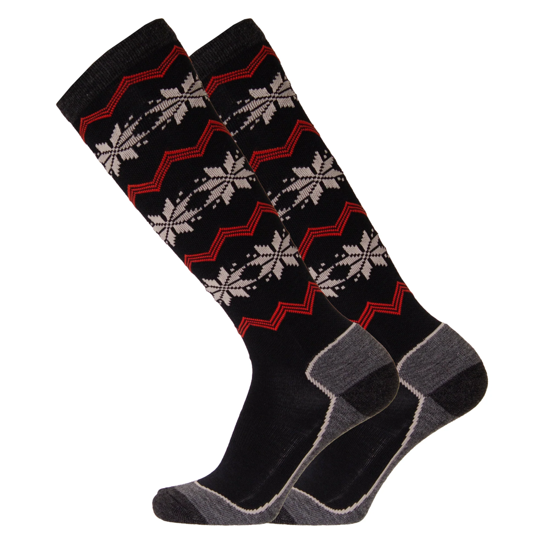 UphillSport skikousen met dunne schacht, zwart met rode zigzag en sneeuwvlokprint.
