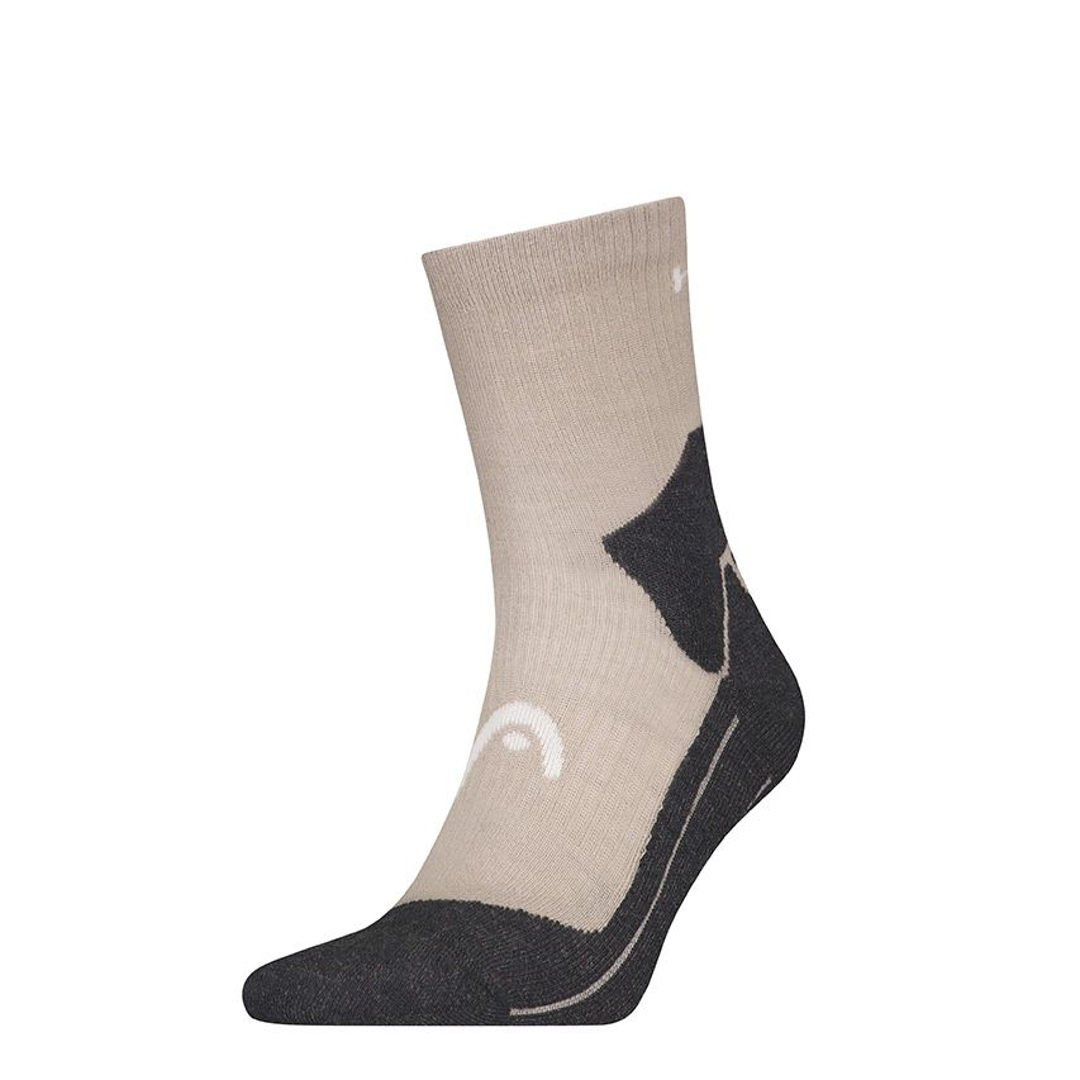 Halfhoge thermo wandelsokken taupe met zwarte inzet en enkellogo