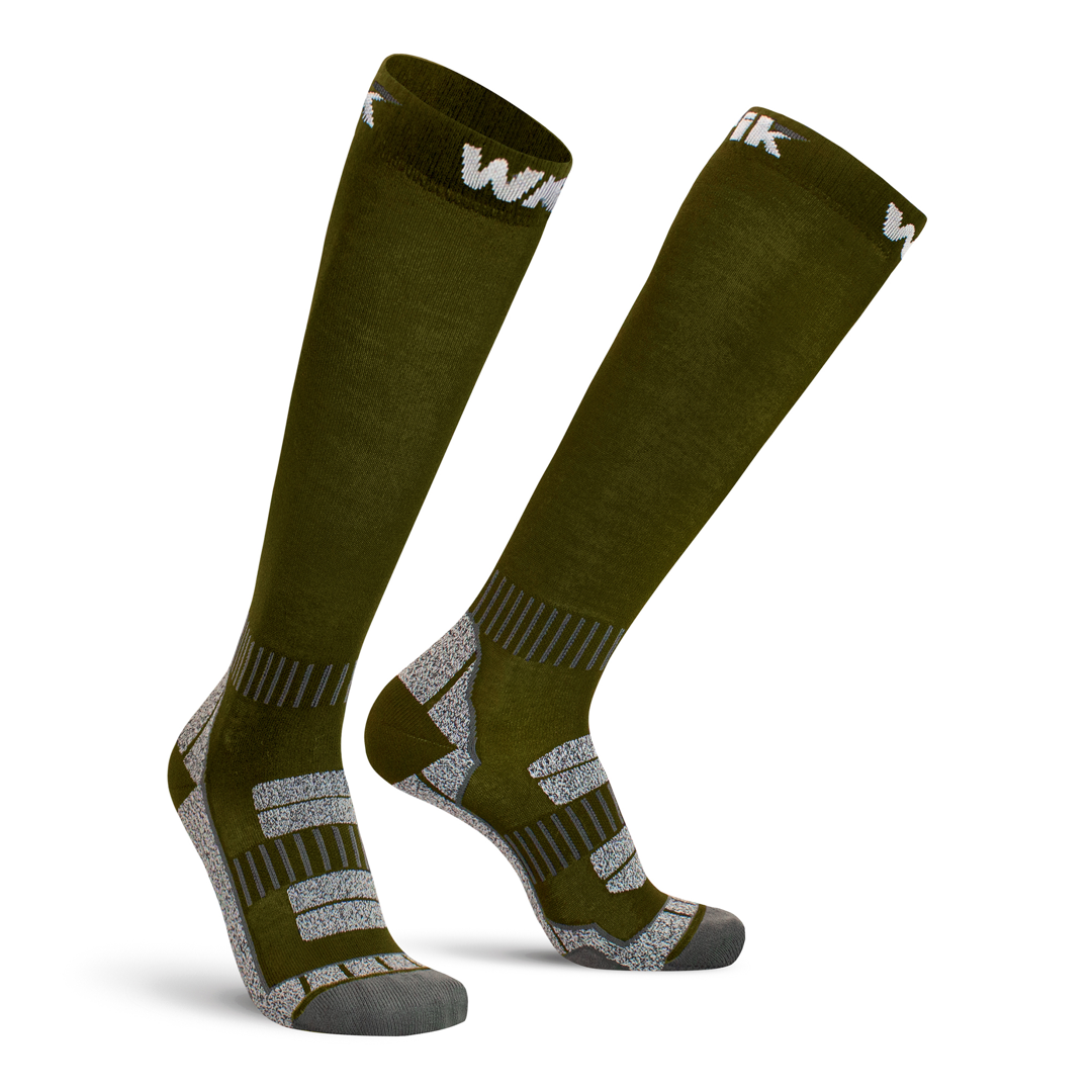 Rock werk-kniekousen RKMK army groen, blauw-grijs grafisch patroon op kuit en teen