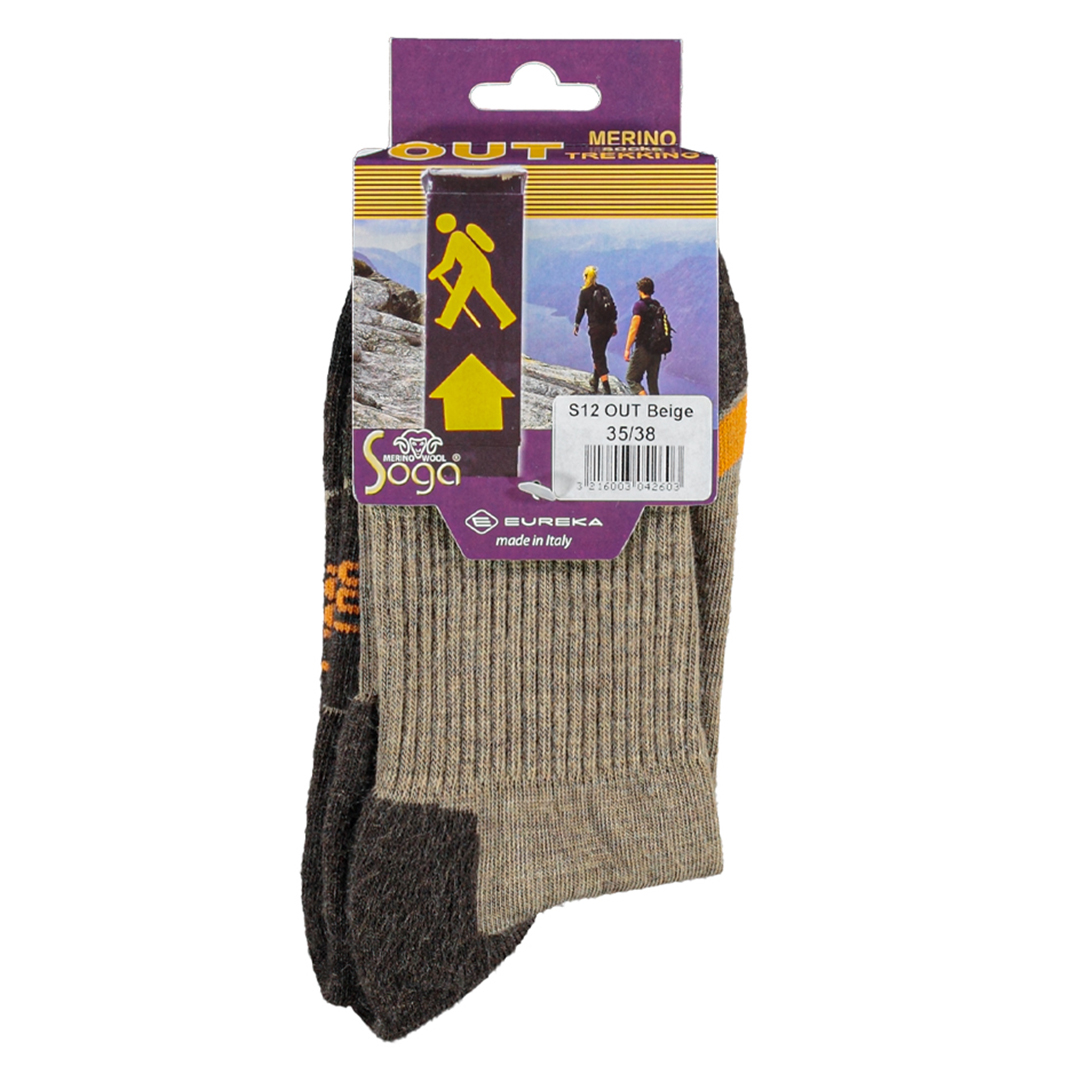 Soga S12 out beige thermo wandelsokken op kaart, merino label en maat 35/38