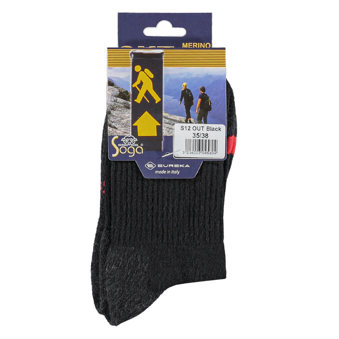 Soga S12 out zwart thermo wandelsokken op kaart, merino label en maat 35/38