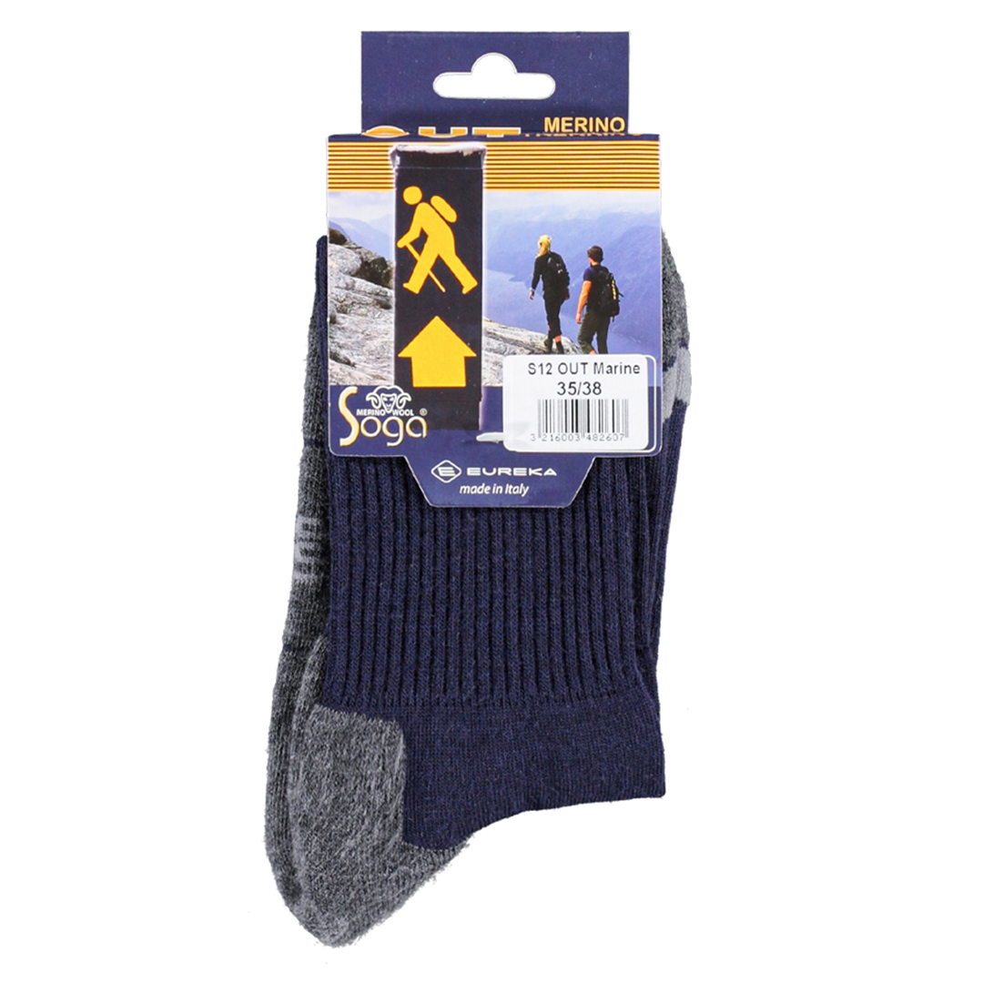 Thermo wandelsok S12 out marineblauw op kaart, merino label en maat 35/38
