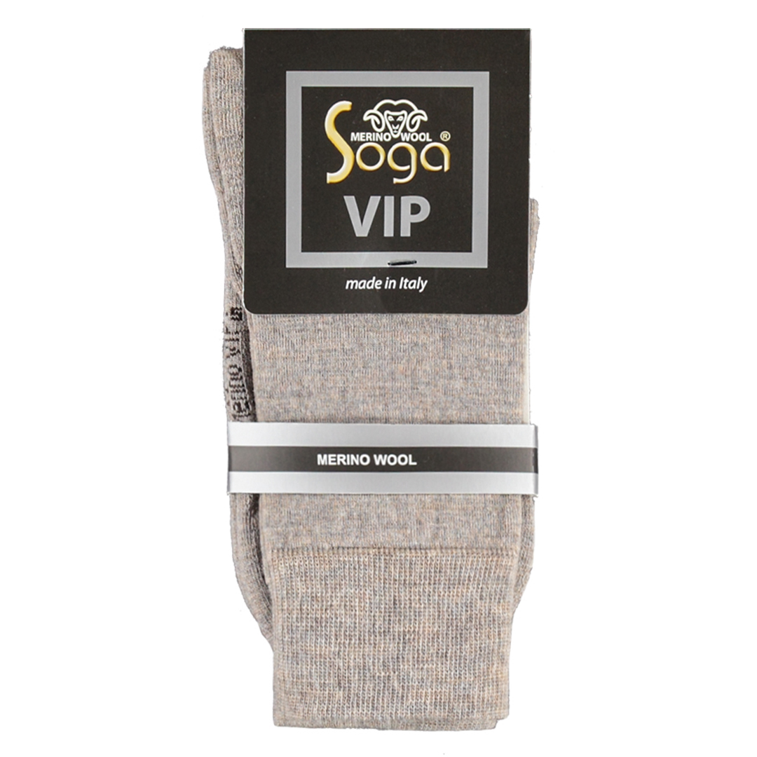 Nette sokken S13 beige, verpakking met Soga VIP merino wool label