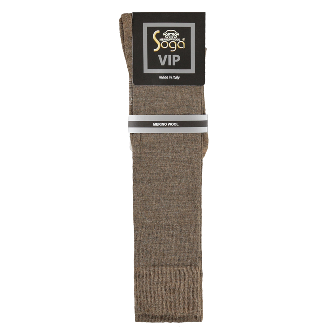 Bruine kniekousen met Merino wool label en badstof voetbed