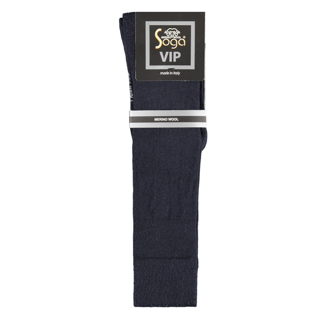 Marineblauwe kniekousen met Merino wool label en badstof voetbed