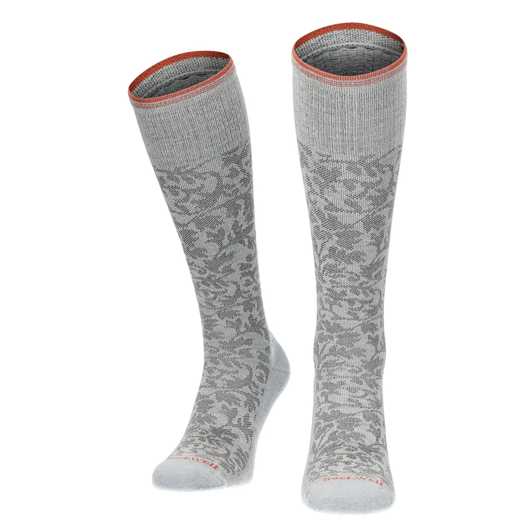 Damask compressiekniekousen in denimgrijs met rood/oranje boord en jacquardpatroon
