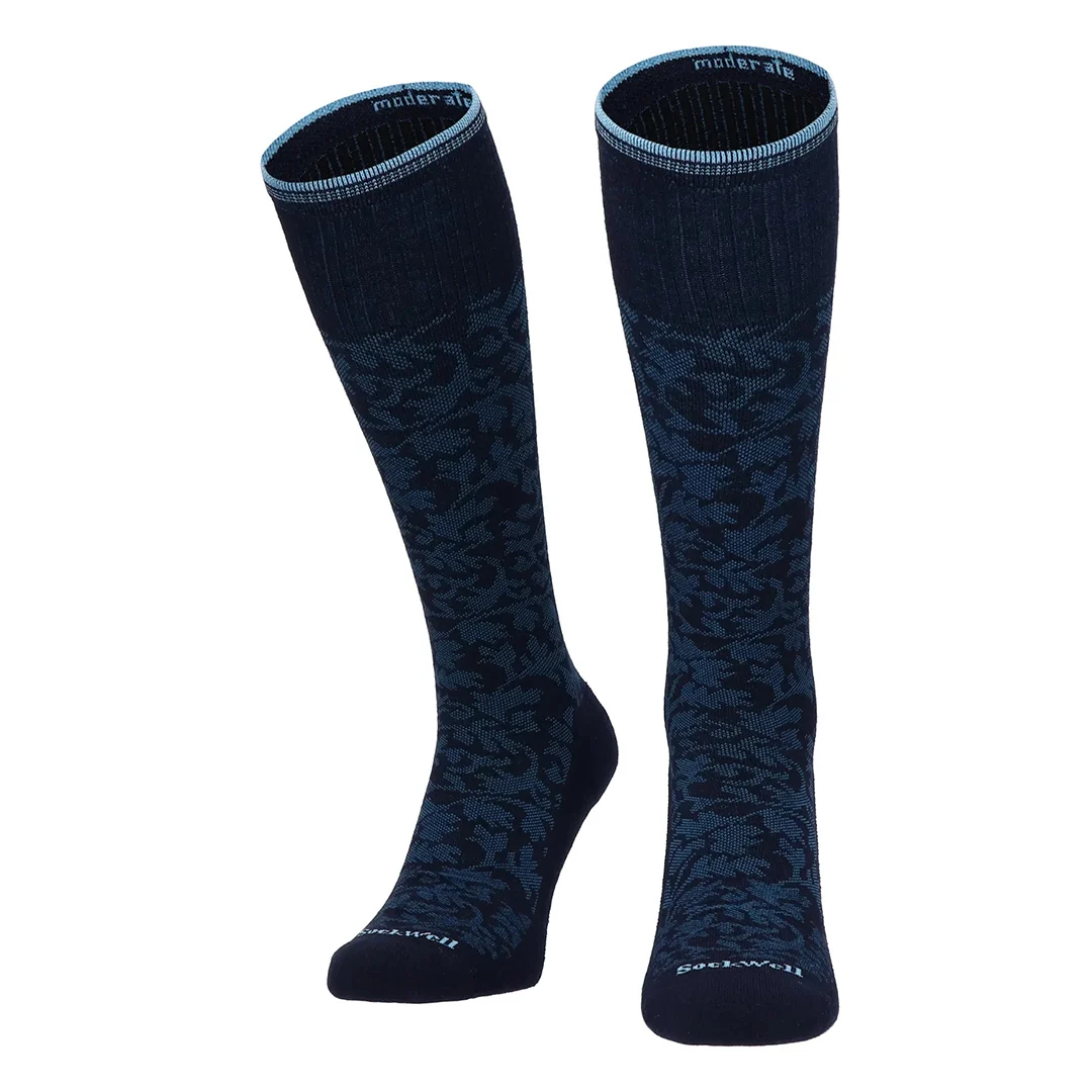 Damask compressiekniekousen marineblauw met blauwgroene boord en jacquard damast