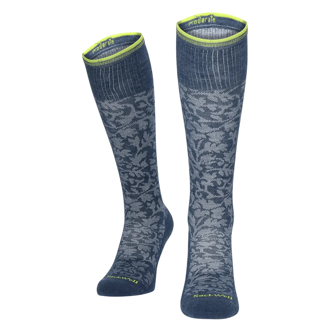 Damask compressiekniekousen met lichtblauw jacquard en felgroene boord