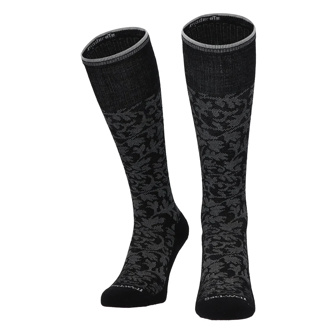 Damask compressiekniekousen zwart met donkergrijze boord en jacquard damastpatroon