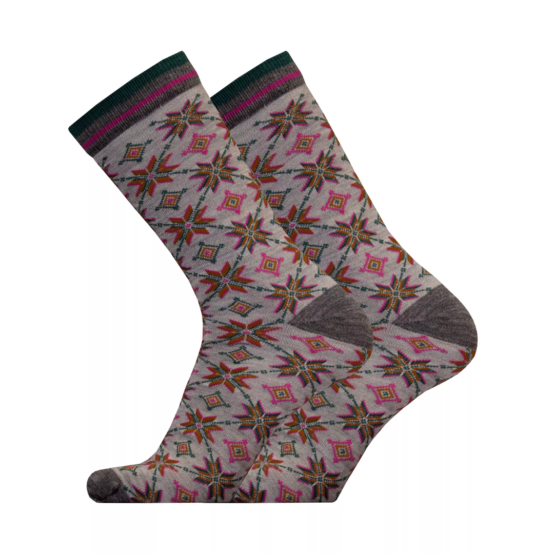 Alledaagse sokken met Autumn Star-print in grijs, paarse en groene gestreepte boord.