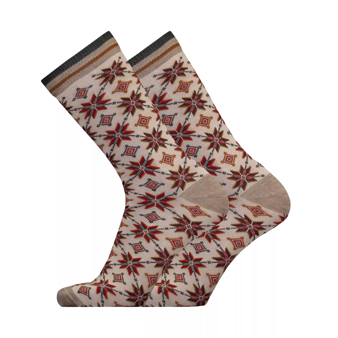 Alledaagse sokken met Autumn Star-print in zand/beige, donker gestreepte boord.