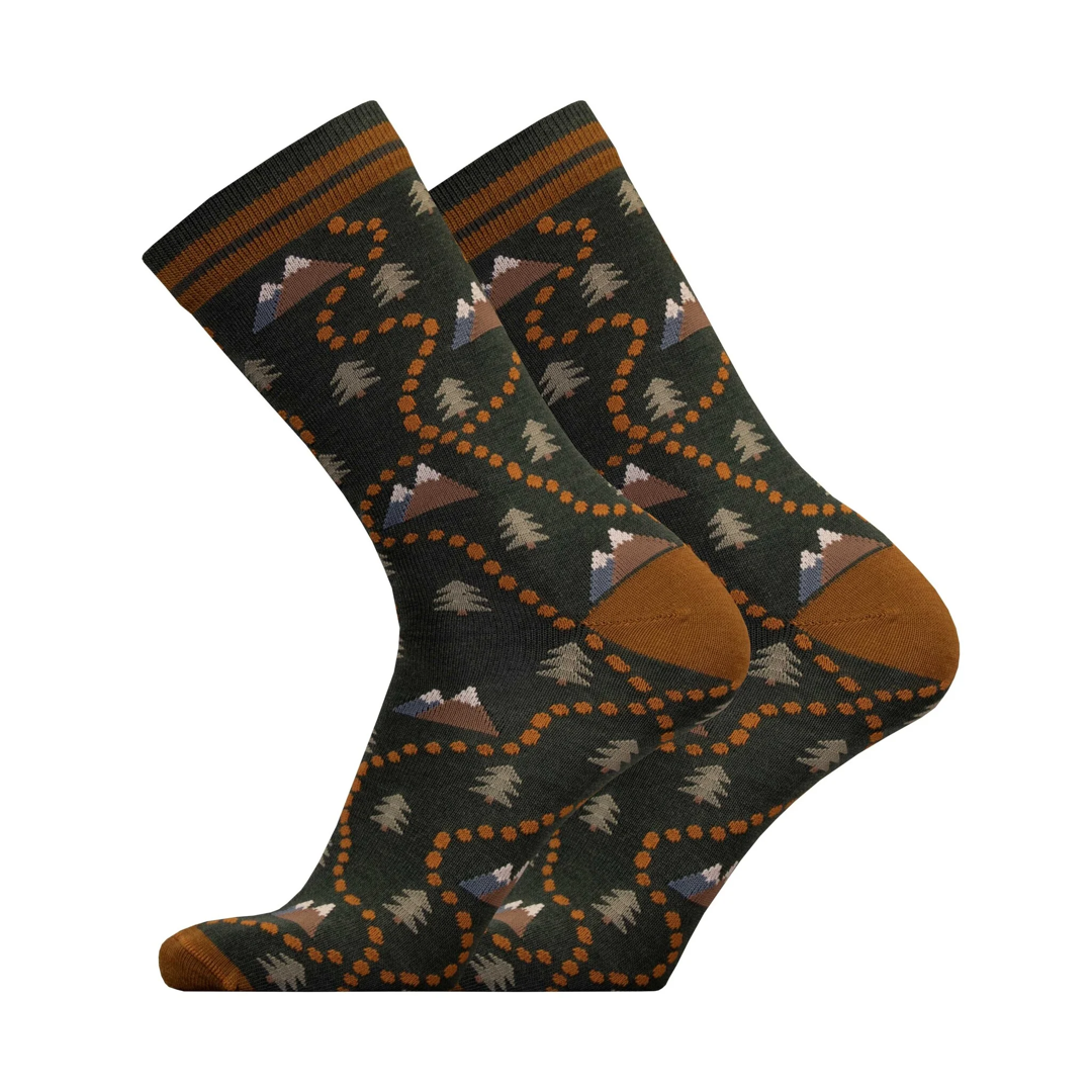 Sokken met Path-print, donker groen met oranje stippen en grijze details