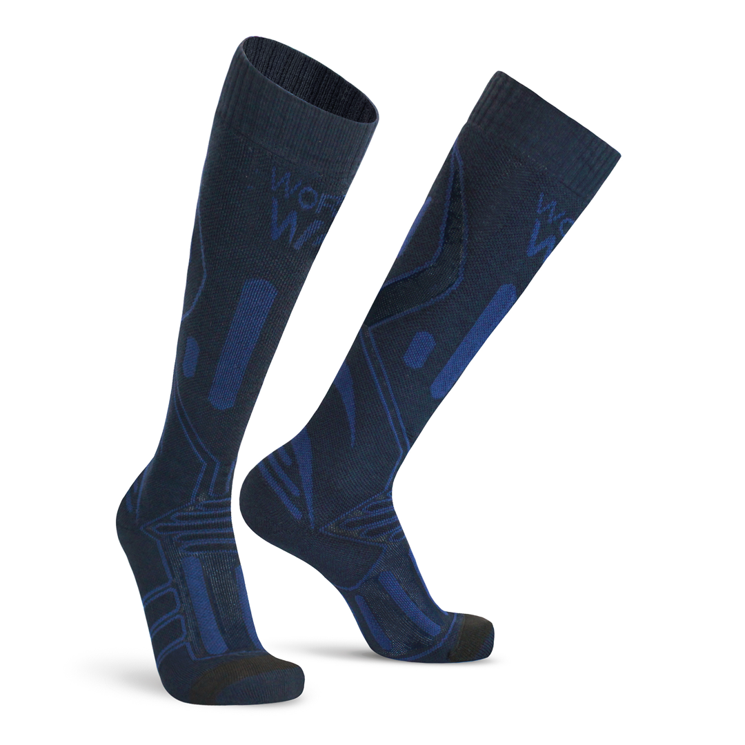 Thermo kniehoogcompressiekousen marineblauw met donkerblauw grafisch patroon