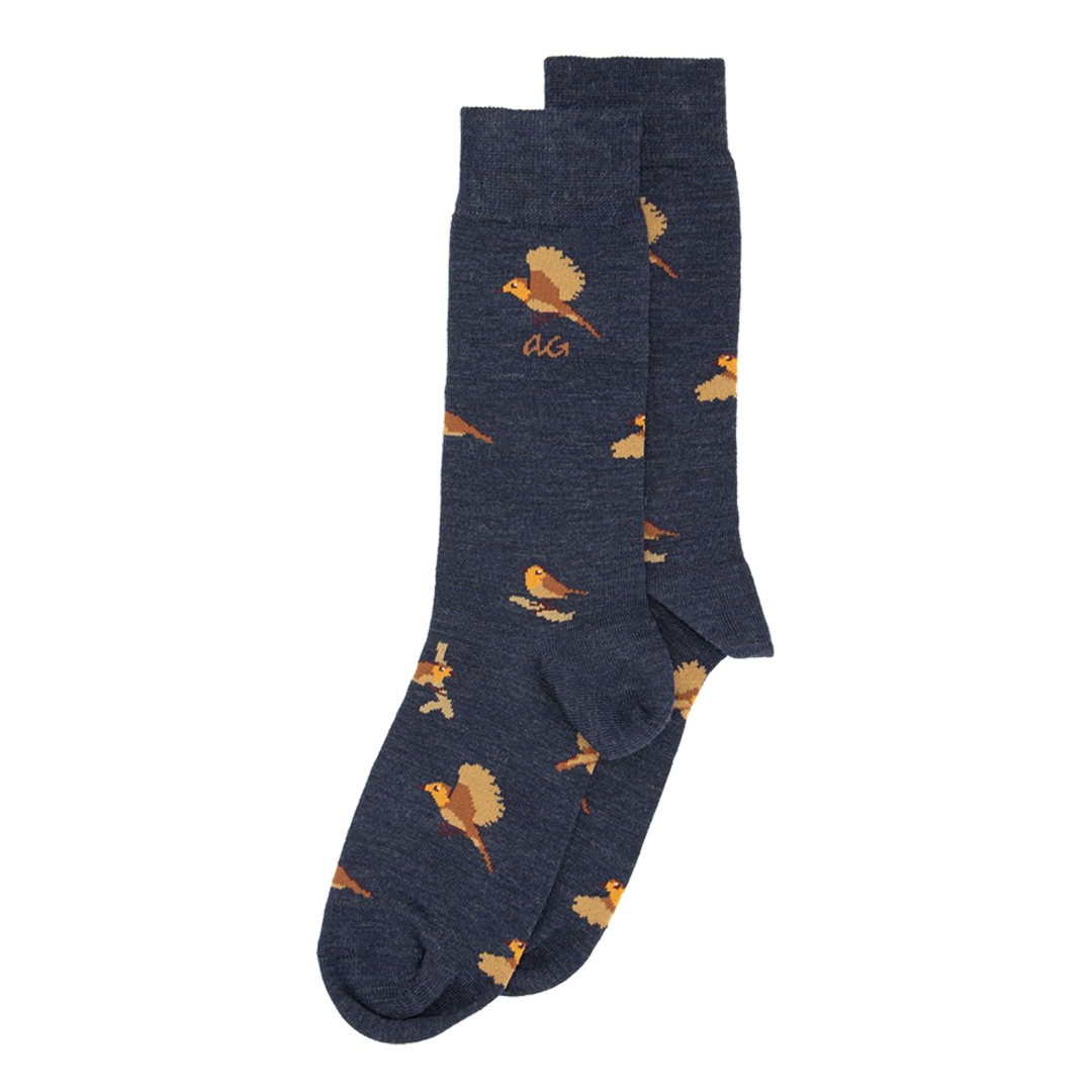 Roodborstje print sokken in marineblauw met gele roodborstjes