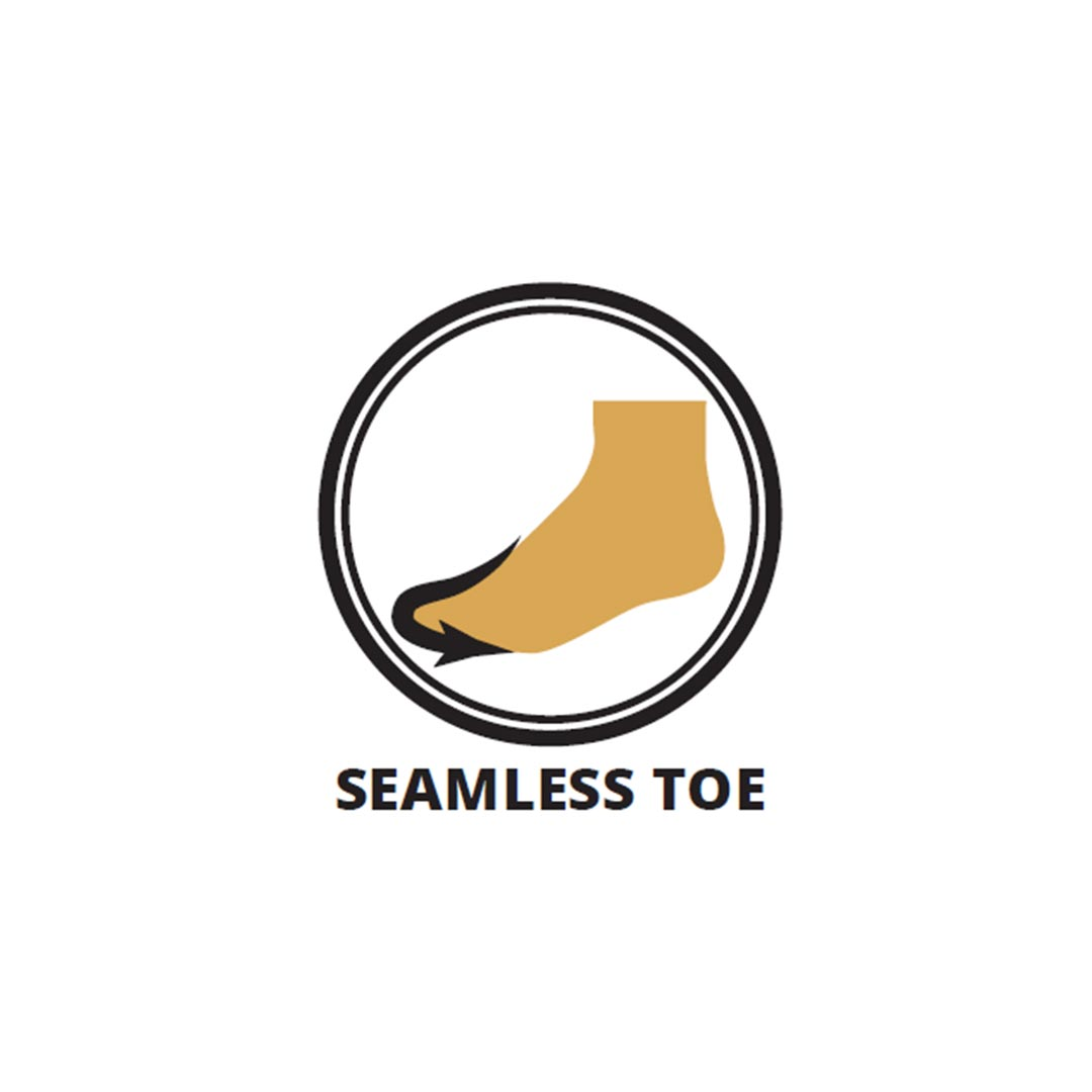 Zwart-witte icoonafbeelding met „SEAMLESS TOE” en naadloze teentekening.