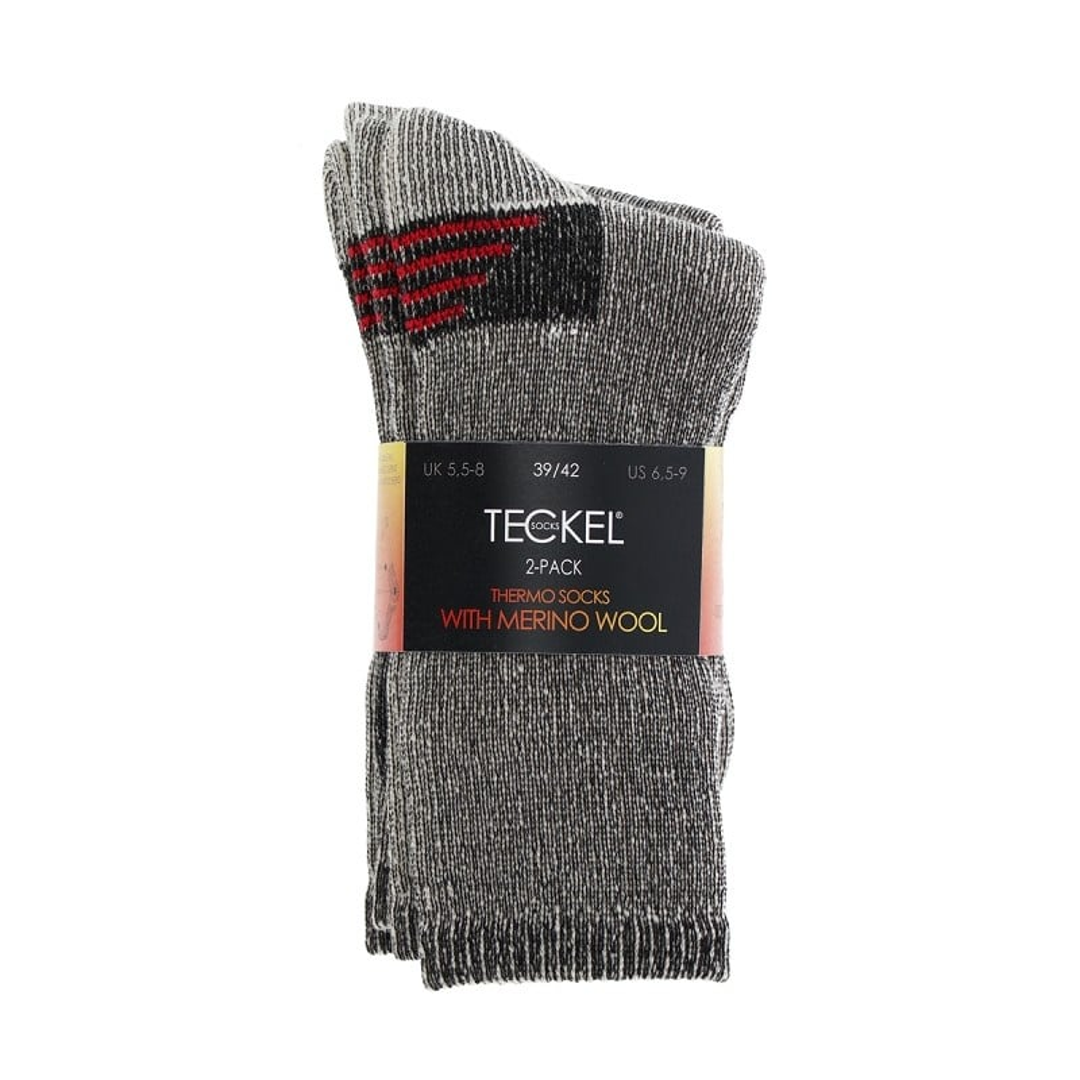 Thermosokken 2-pack van Teckel, donkergrijs met rode strepen; verpakking toont merinowol