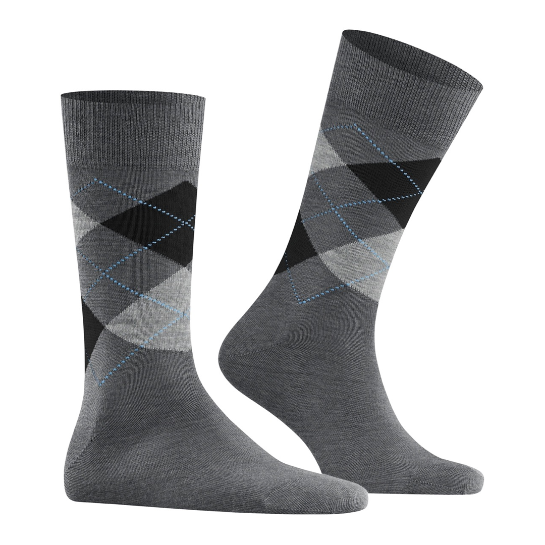 Edinburgh argyle herensokken, grijs met ruitpatroon en blauwe stiknaden