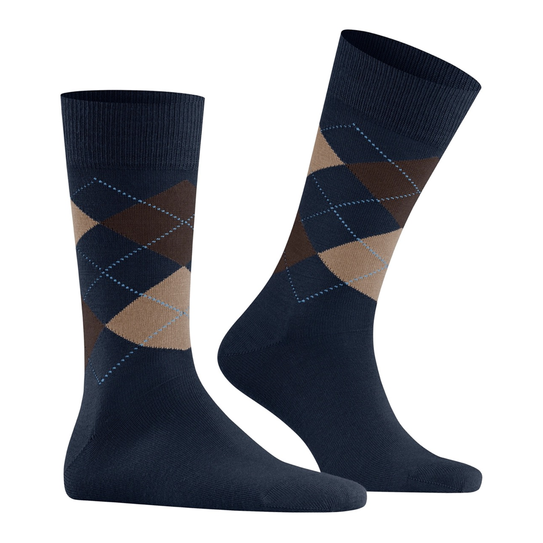 Edinburgh argyle herensokken, donkerblauw met ruitpatroon en blauwe stiknaden