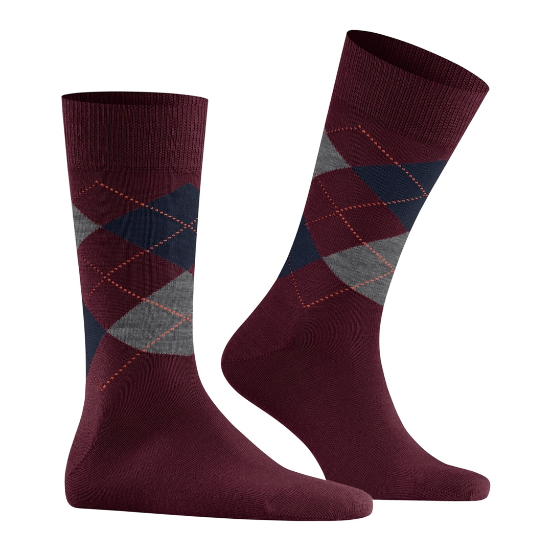 Edinburgh argyle herensokken, bordeaux met blauw-grijze ruiten en oranje stiknaden