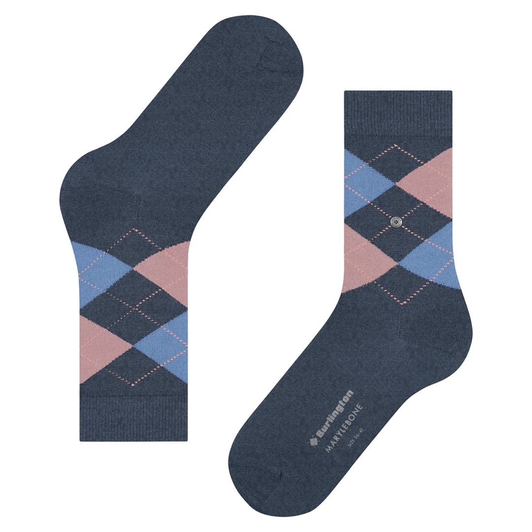 Marylebone argyle damesokken met donkerblauwe boord en roze/blauwe ruiten
