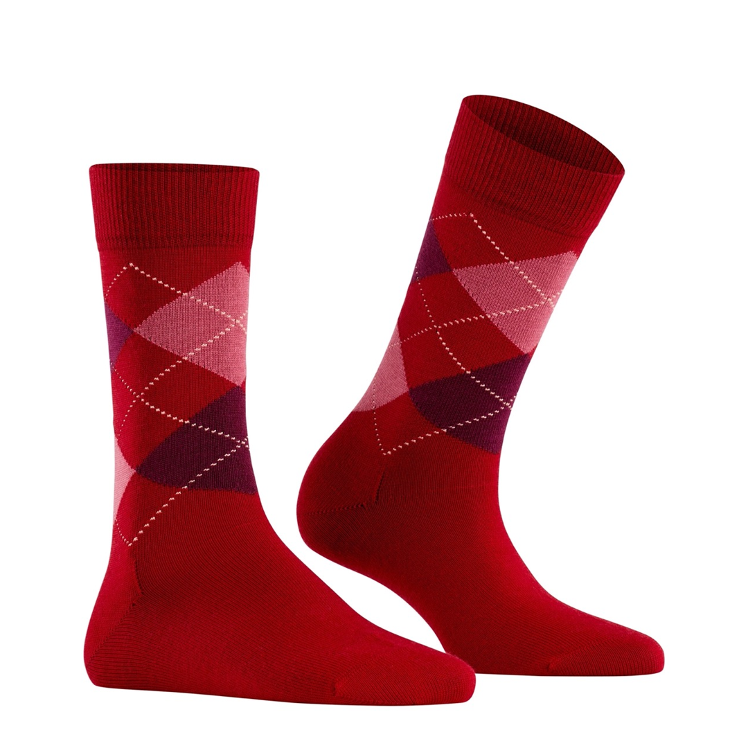 Marylebone argyle damesokken, cranberry met grote ruitvlakken en contraststeken