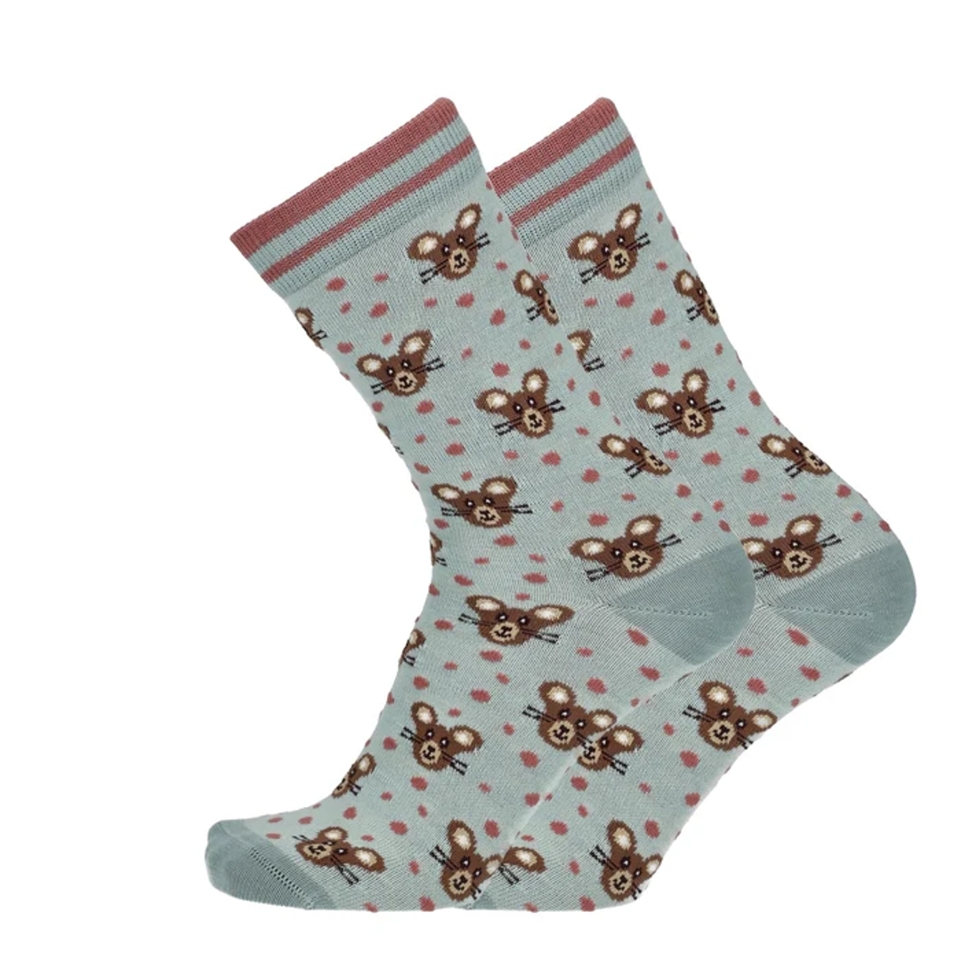 Lichtblauwe merino sokken met muizenprint en roze ribboord