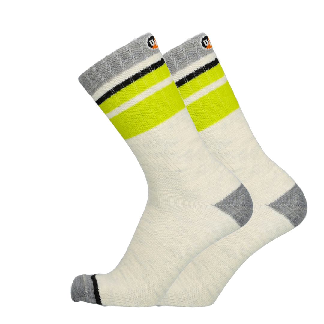 Witte hardloopsokken met lime strepen en grijze teenversterking, paar