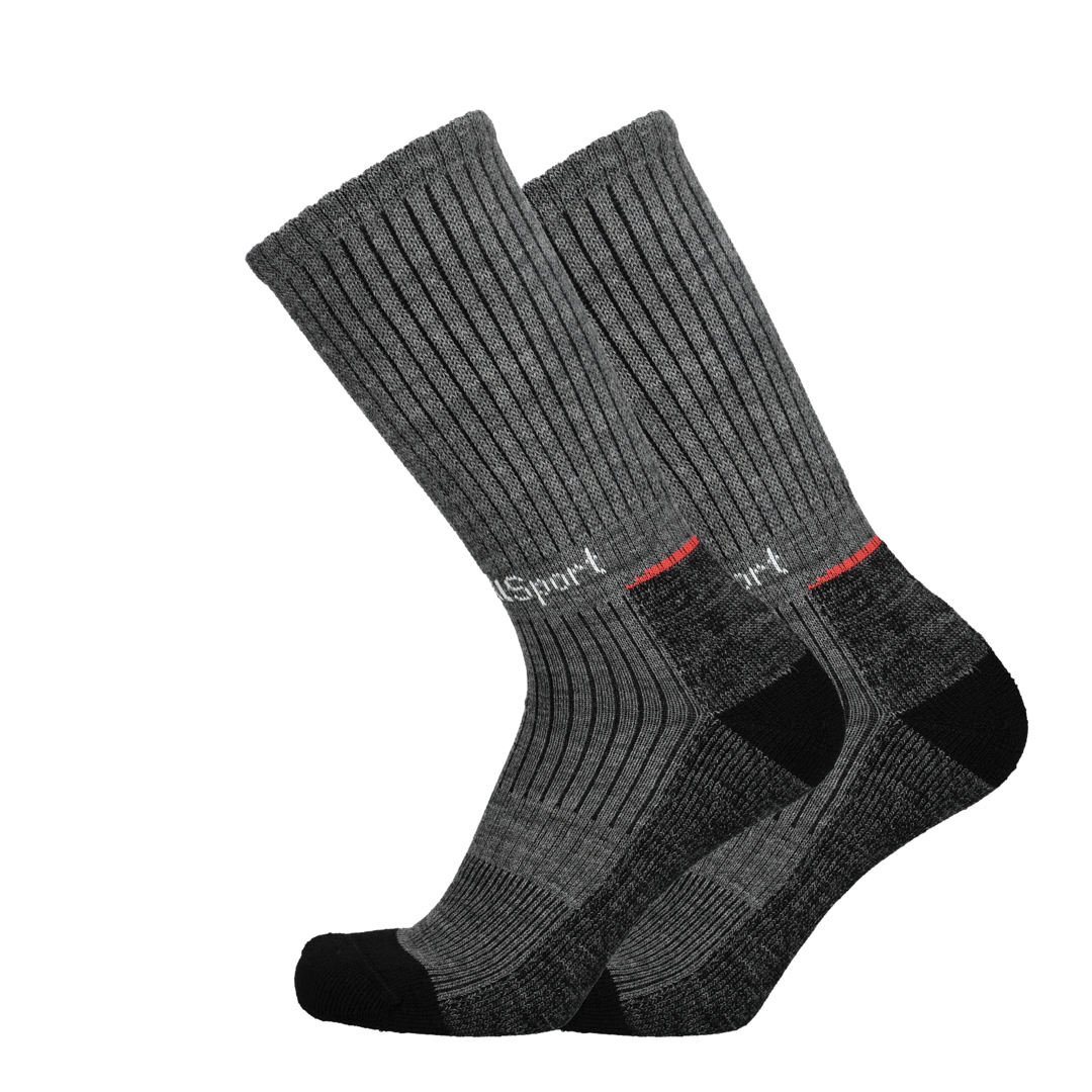 Merino wandelsokken antraciet met zwarte hiel/teen en rode accenten, geribde schacht
