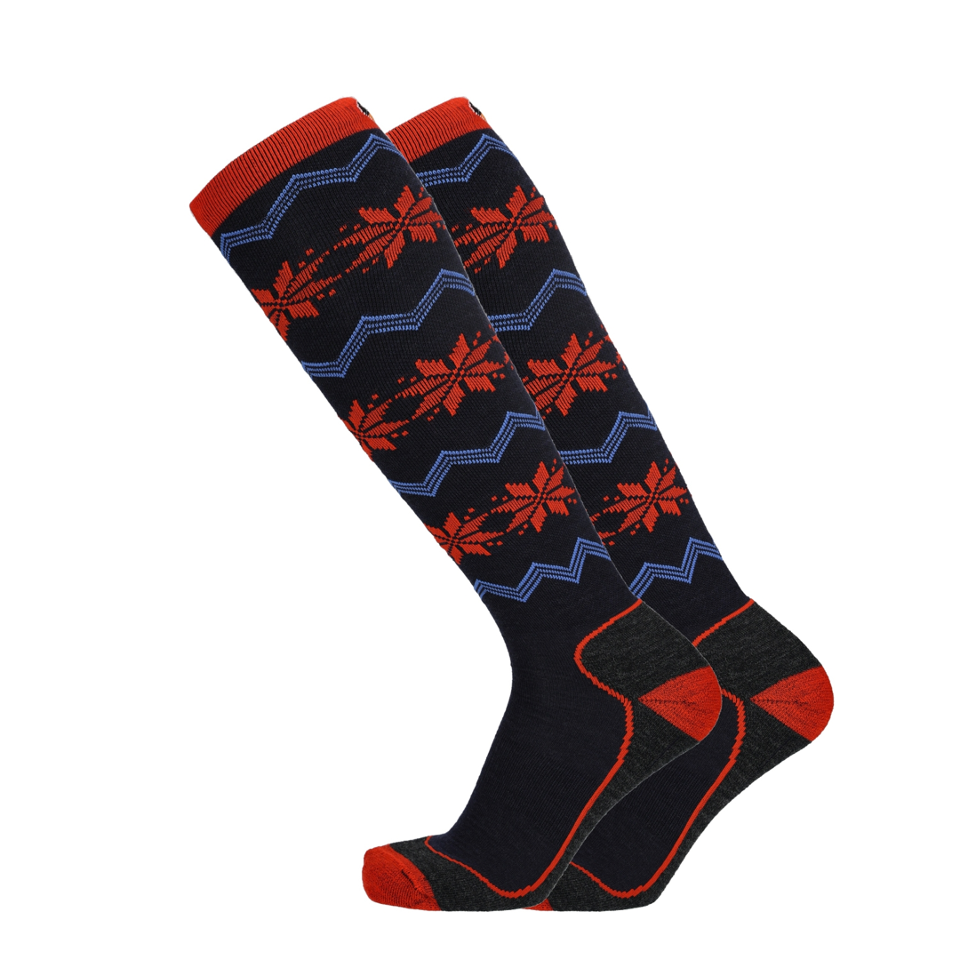 Donkere skisokken met dunne schacht en rood-blauw geometrisch patroon