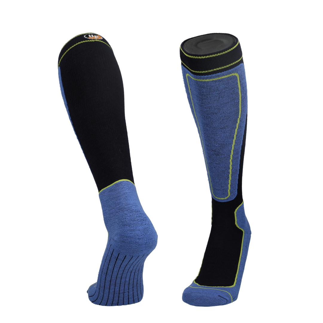 Kniehoge merinoskikousen, paar: links zwart, rechts blauw met geelgroene accenten