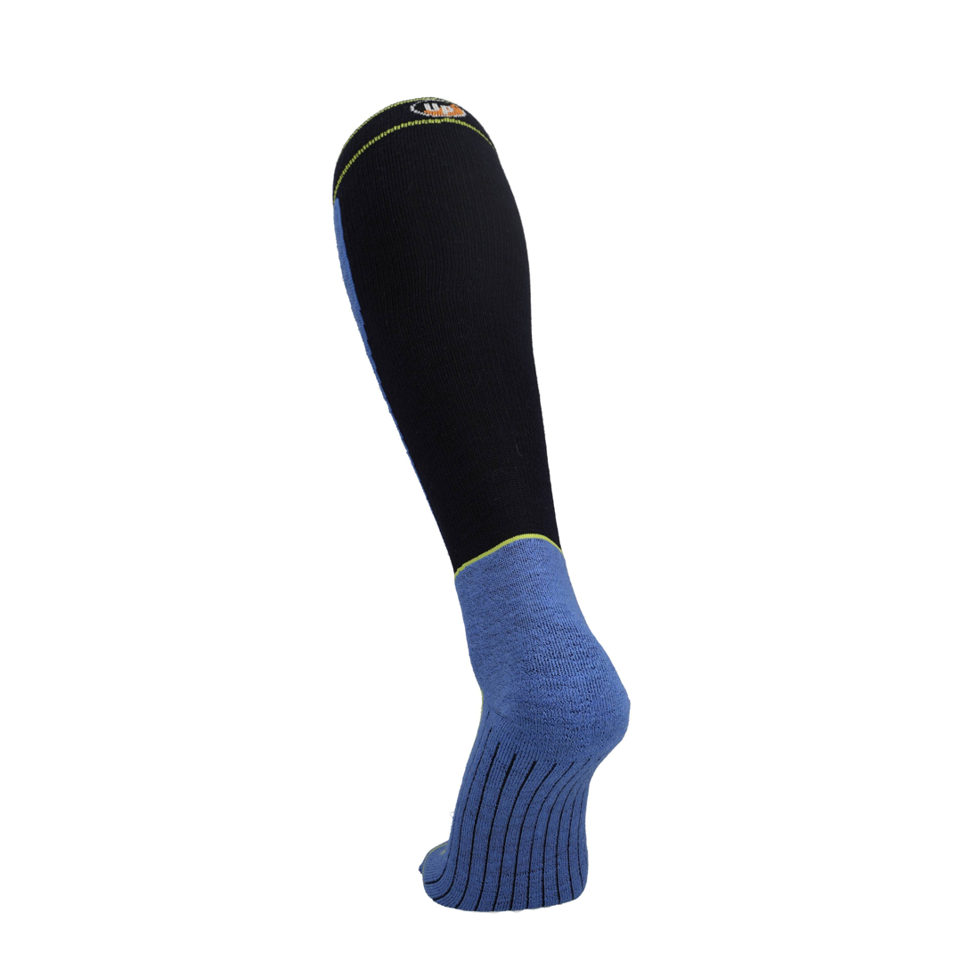 Kniehoge merinoskikous zwart met blauw hiel en geelgroene accentlijn