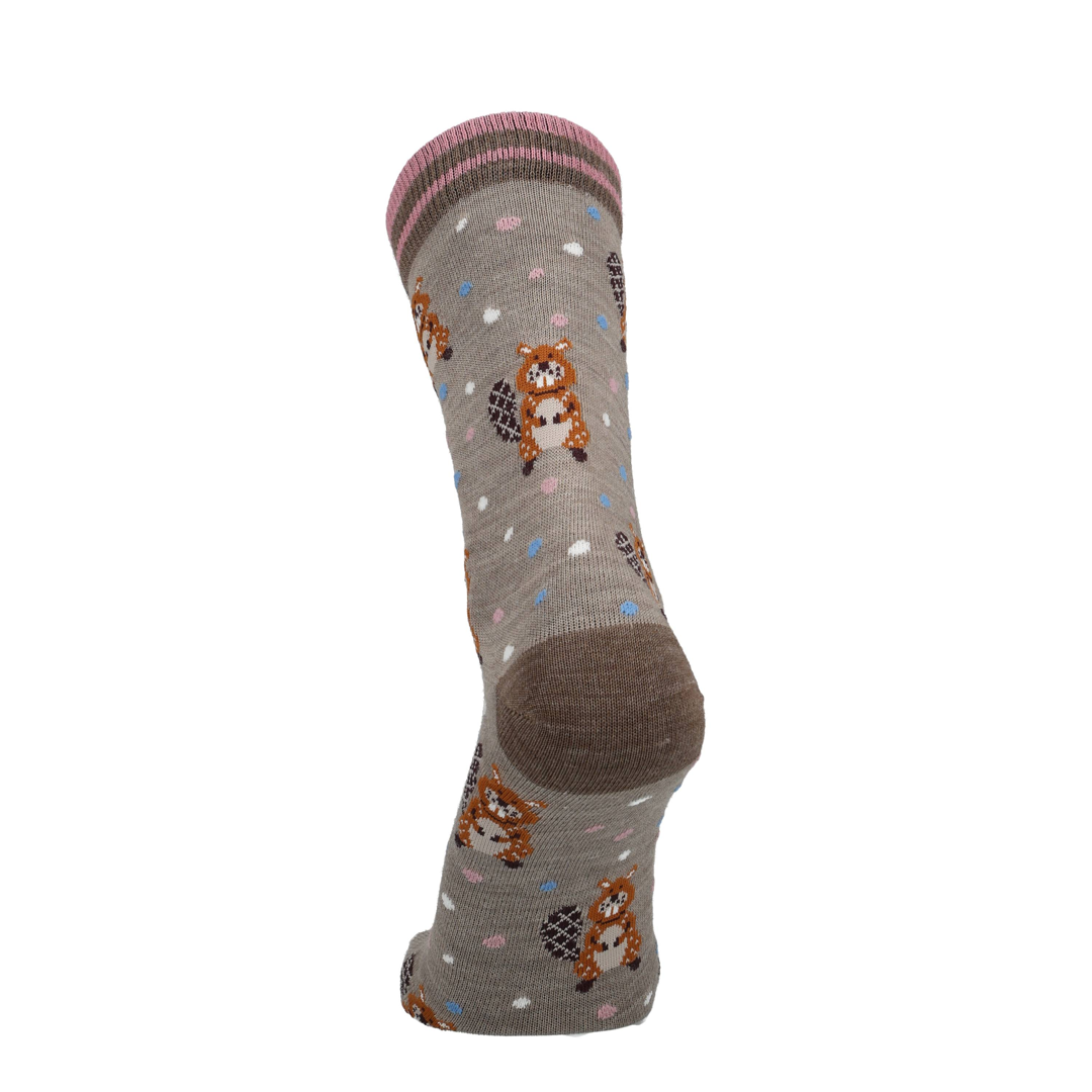 Merino sok met beverprint, grijs met blauwe stippen en gestreepte boord, donkerrode teen