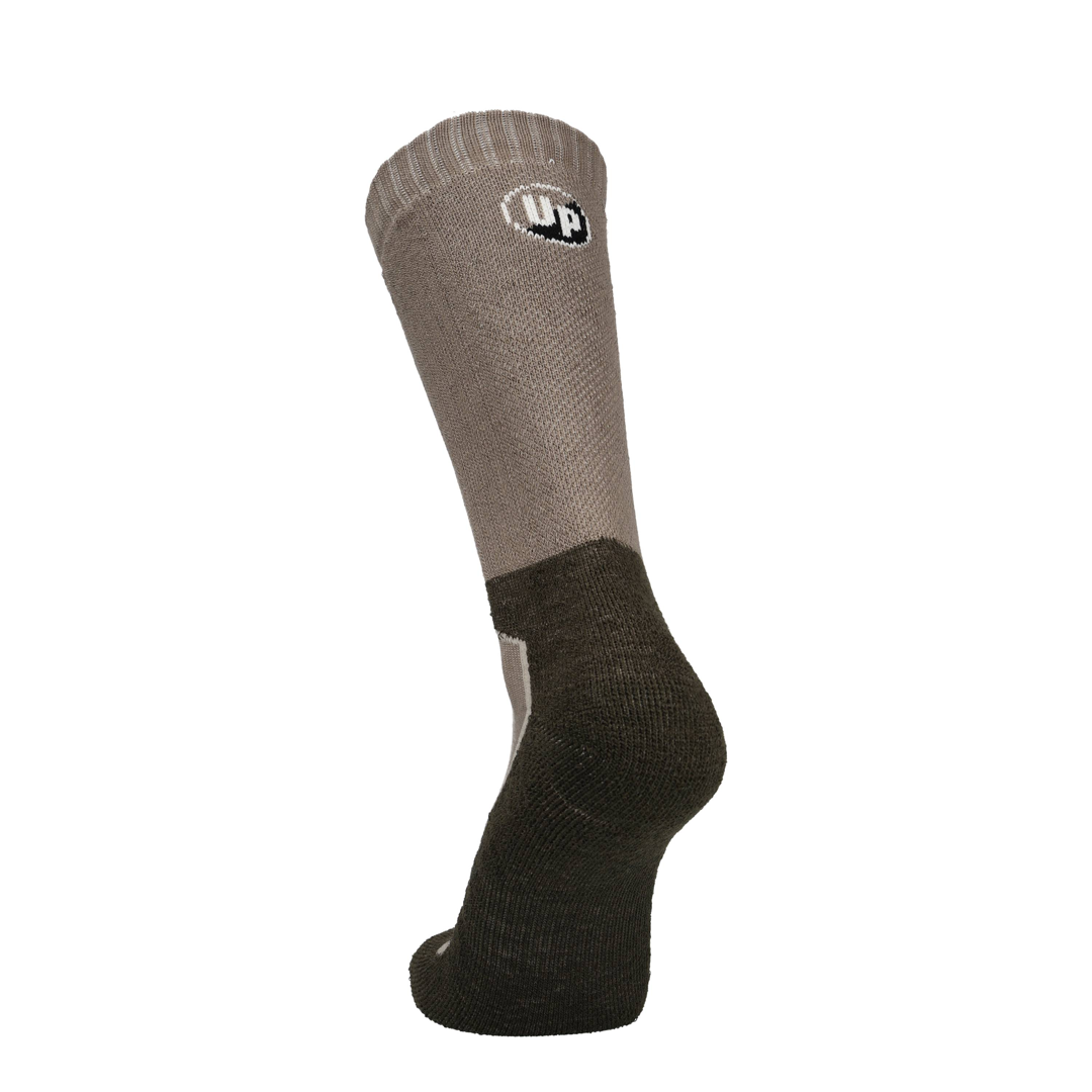 Wandelsokken taupe melange met UP-logo op boord en donkere hielversterking
