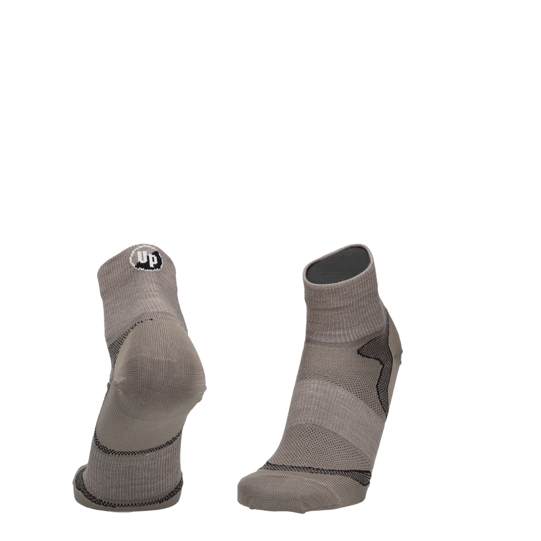 Taupe melange merino wandelsokken met UP-logo en verstevigde hiel en teen