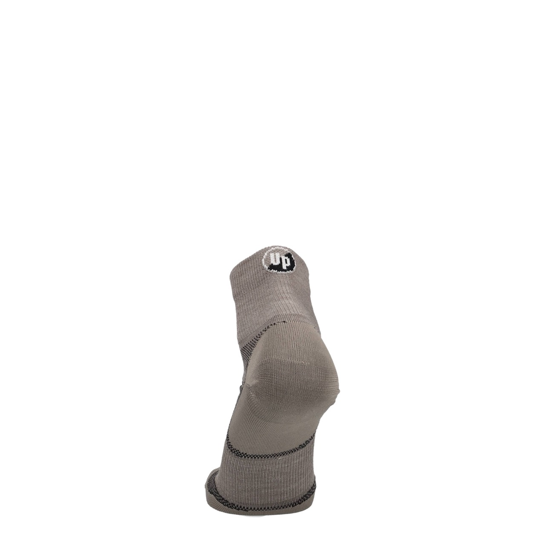 Taupe melange merino wandelsok met UP-logo op boord en versterkte zool