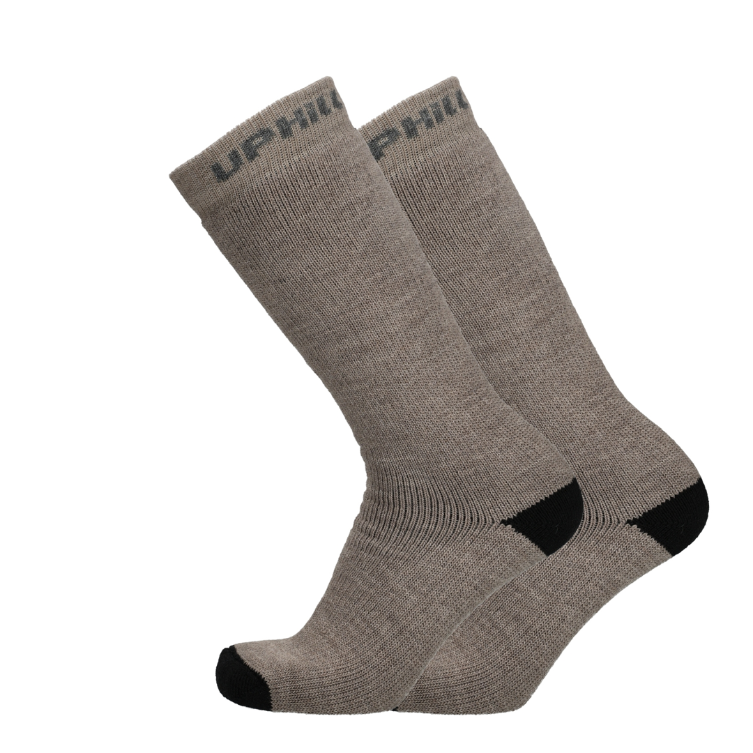 Taupe melange merinosok met zwarte teen en hiel, hoge boord.