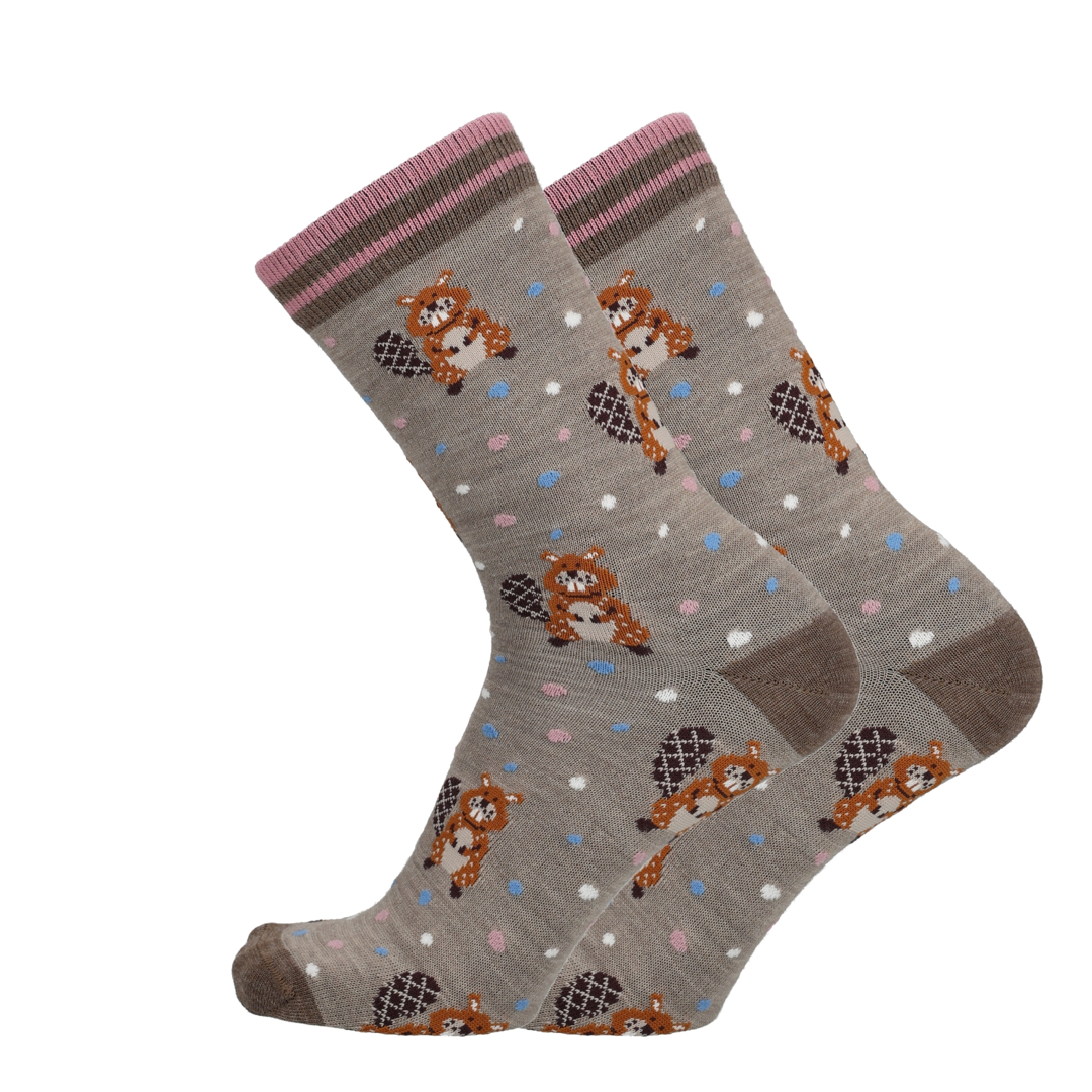 Merino sokken met beverprint, grijs met blauwe en roze stippen, gestreepte boord