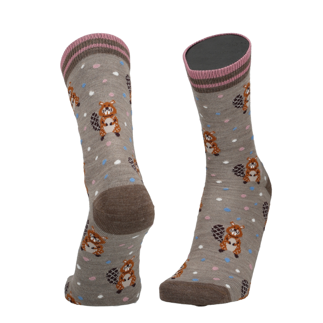 Set merino sokken met beverprint, grijs met blauwe stippen en gestreepte boord