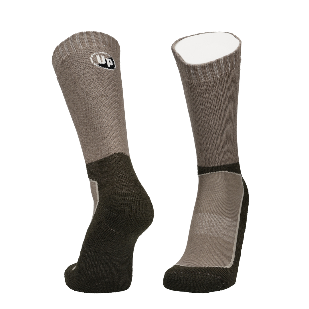 Wandelsokken taupe melange met UP-logo op de boord en versterkte hiel/voet