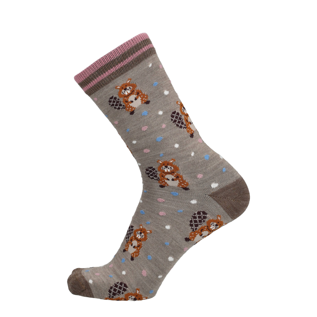 Merino sokken met beverprint, grijs met blauwe en roze stippen, donkere hiel en teen