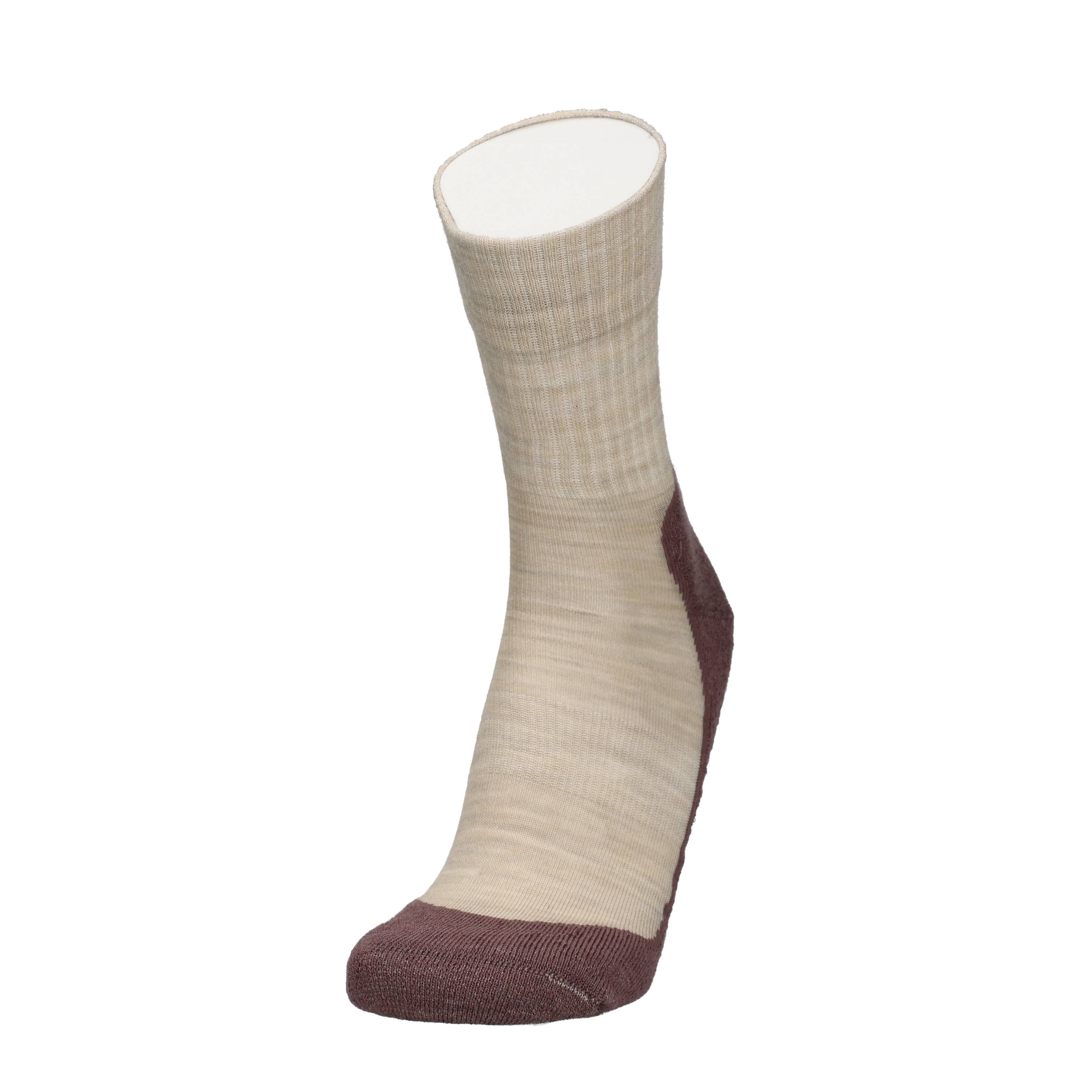 Wandelsok beige met bordeauxrode onderkant en teen, gladde boord